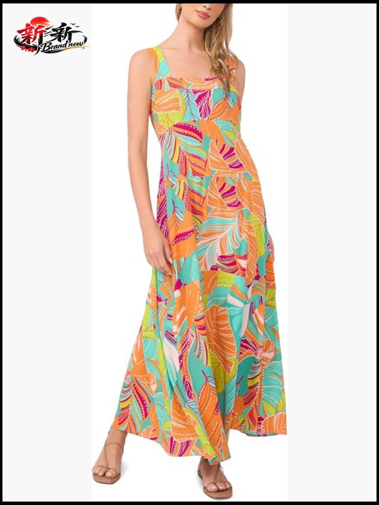Printed Four Tier Maxi Dress - Square Neck Sleeveless Swing Dress